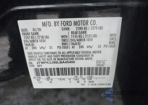 2020 Ford Edge Sel из США, поврежденный, VIN 2FMPK3J90LBA45400